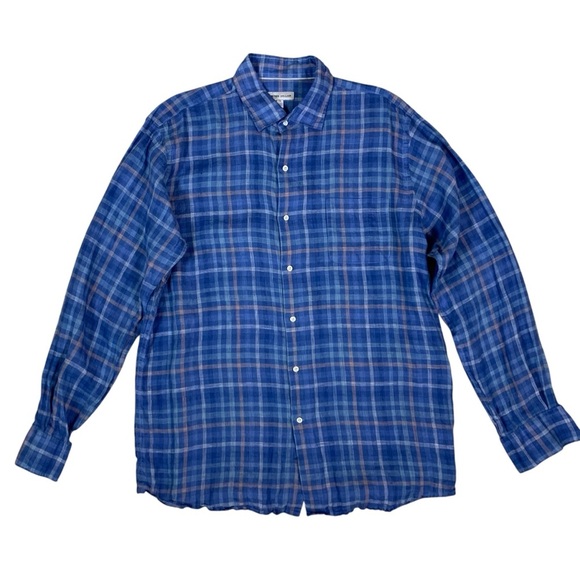 Peter Millar Blue Plaid Button Front Linen Shirt Long Sleeve Large Lightweight - Picture 1 of 4